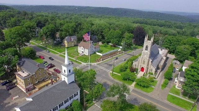An aerial shot of Newtown, Connecticut from the documentary 'Newtown'