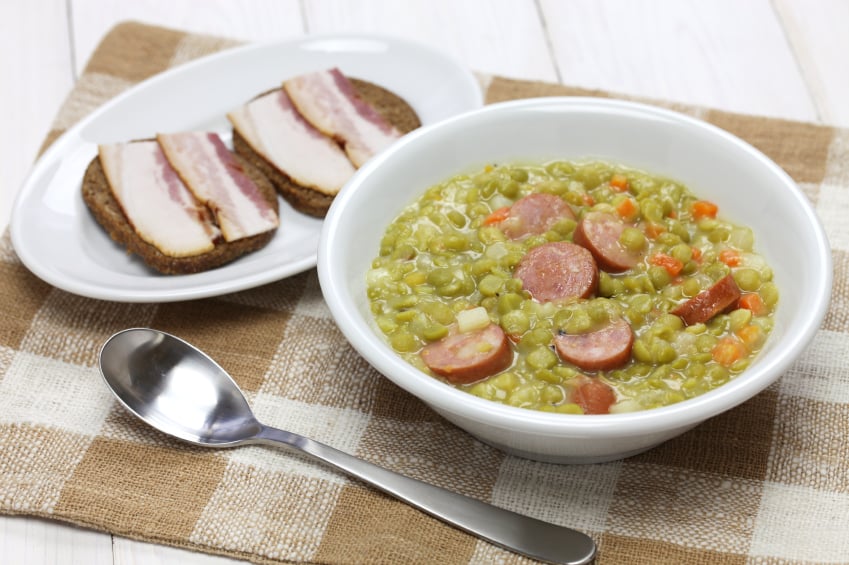 pea soup in a white bowl