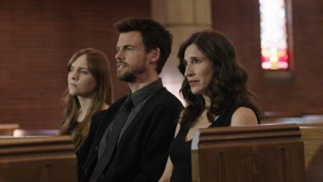 Laura (Tara Lynne Barr), Alex (Tommy Dewey) and Valerie (Michaela Watkins) attend a funeral in a scene from 'Casual'