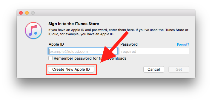 iTunes dialog box to sign in or create a new Apple ID.