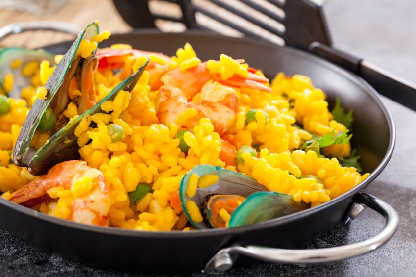 close-up of a pan filled with seafood paella