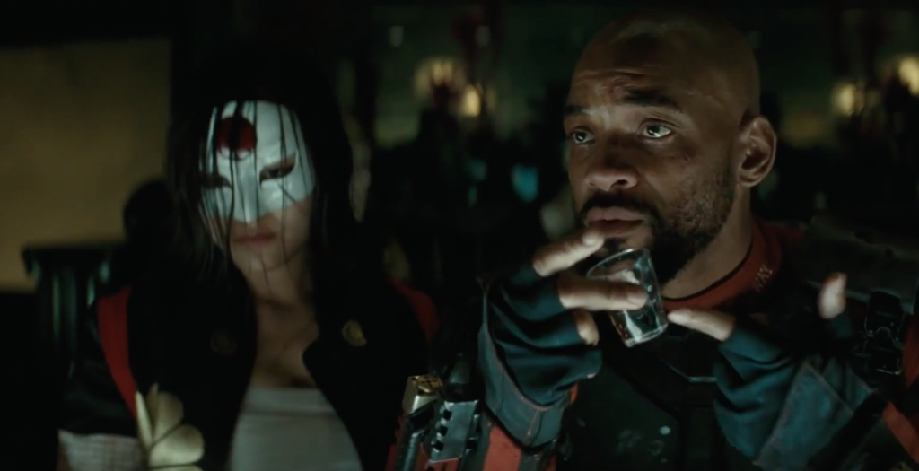 Will Smith, Deadshot with a shot glass in hand in Suicide Squad