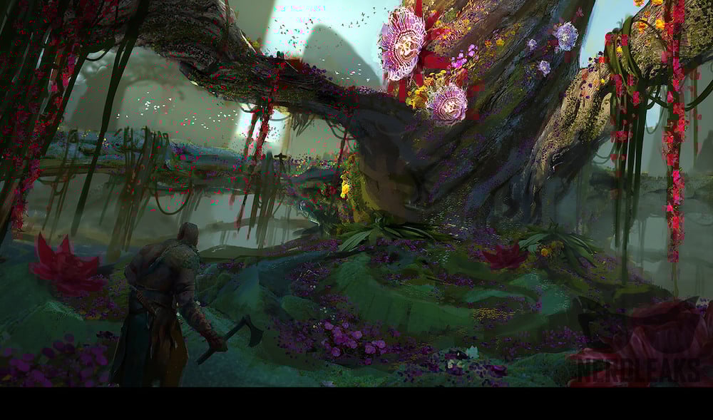 A hatchet-bearing Kratos walks through a colorful swamp land in what is apparently concept art for 'God of War 4'.