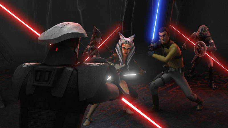 Everyone draws their light sabres to prepare for a fight in Star Wars Rebels Finale