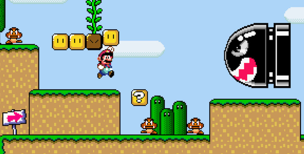 A Bullet Bill rushes at Mario in Super Mario World.
