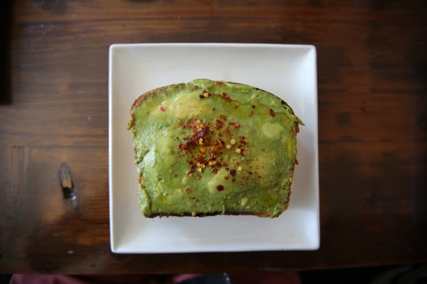 overhead image of avocado toast sprinkled with chile flakes