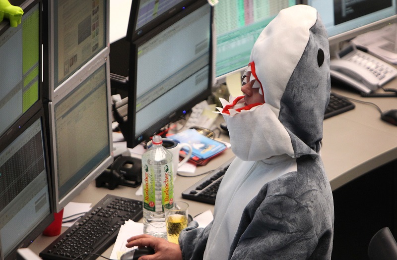 A broker wears a costum to celebrate carnival at the German stock exchange in Frankfurt am Main, on February 21, 2012. AFP PHOTO / DANIEL ROLAND (Photo credit should read DANIEL ROLAND/AFP/Getty Images)