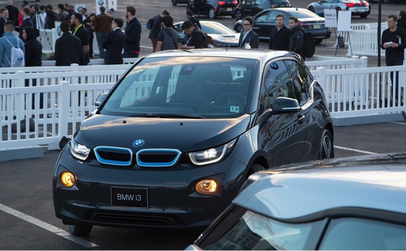 A BMW i3 electric car drives autonomously at the CES 2016 Consumer Electronics Show on January 8, 2016 in Las Vegas, Nevada.