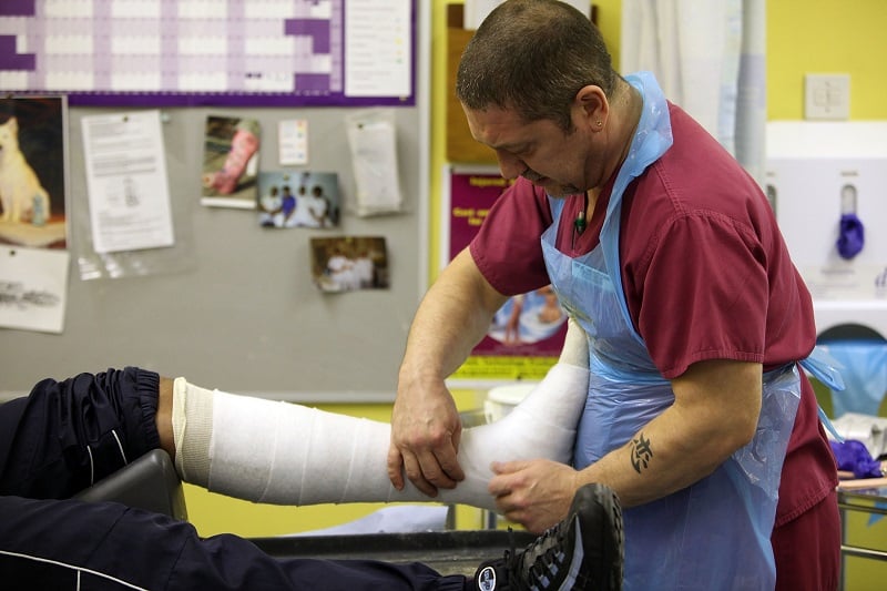 An orthopaedic practitioner casts a broken ankle