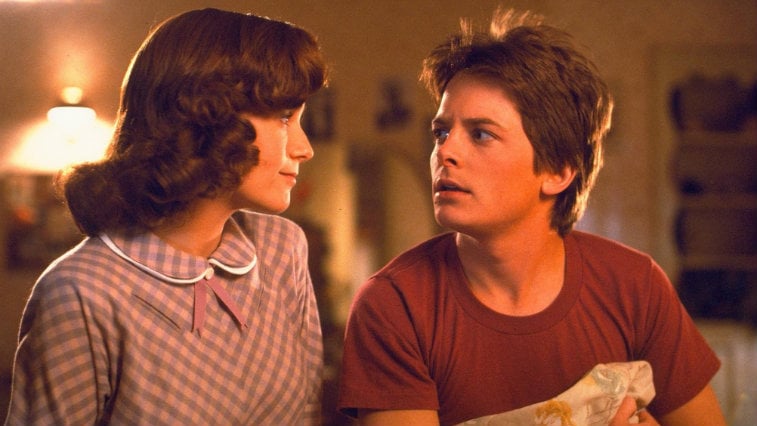 Lea Thompson looks at Michael J. Fox in Back to the Future