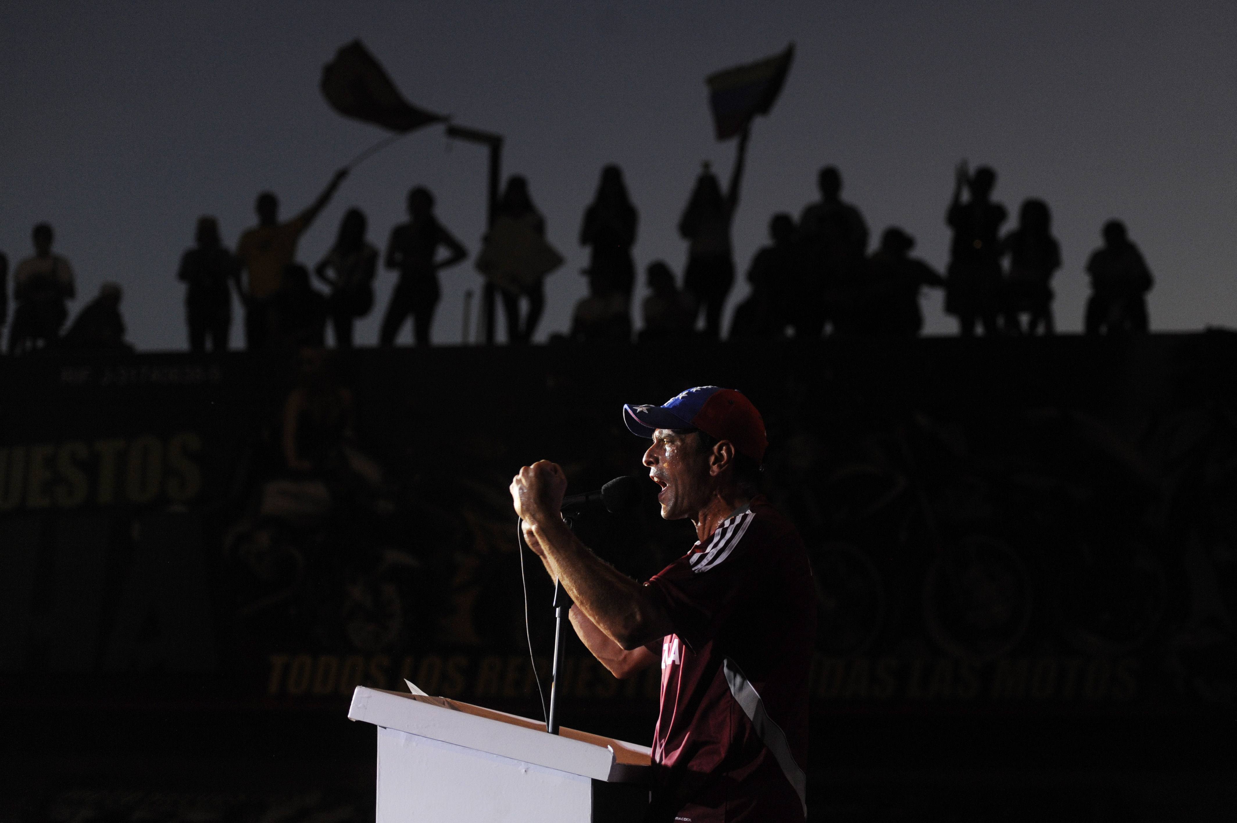 Venezuelan opposition presidential candidate Henrique Capriles Radonski delivers a speech in Maturin
