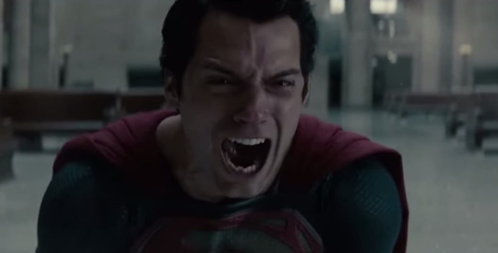Superman at the end of Man of Steel screaming and crying