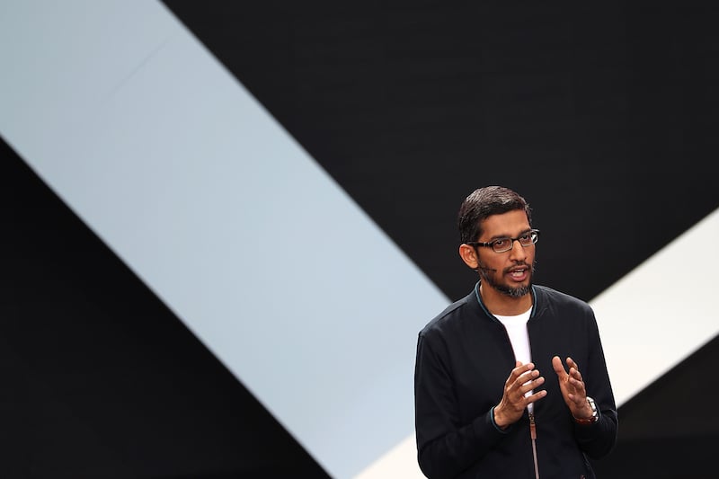 MOUNTAIN VIEW, CA - MAY 18: Google CEO Sundar Pichai speaks during Google I/O 2016 at Shoreline Amphitheatre on May 19, 2016 in Mountain View, California. The annual Google I/O conference is runs through May 20. (Photo by Justin Sullivan/Getty Images)