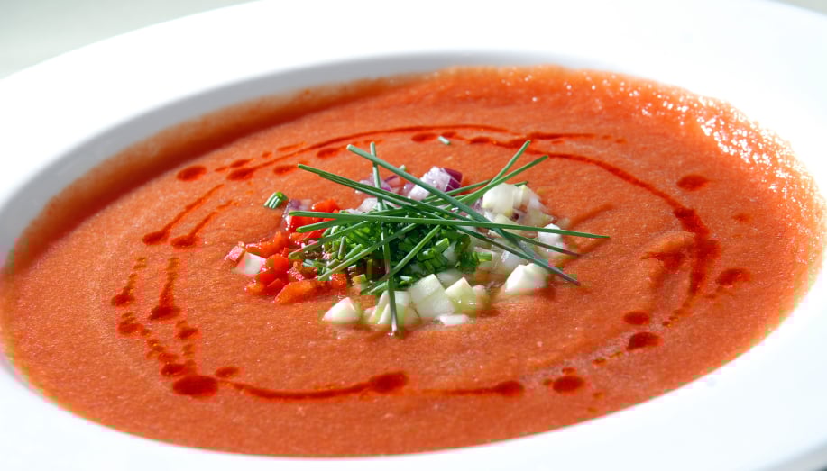 gochujang gazpacho in a white bowl