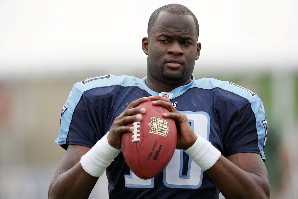Quarterback Vince Young, the Tennessee Titans' first-round NFL draft pick, plays catch during a break in the action