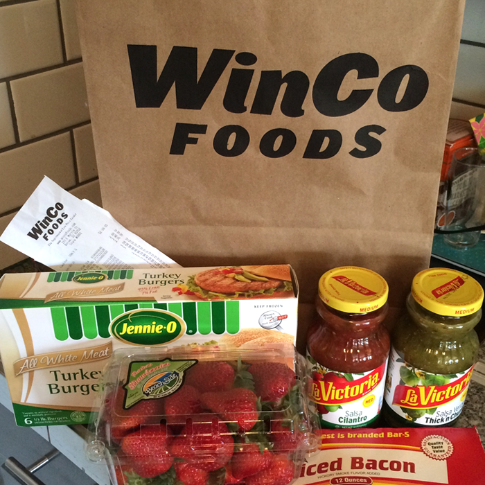 WinCo groceries with shopping bag