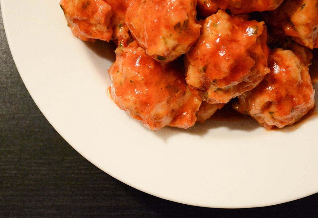 close-up, overhead image of barbecue chicken-bacon meatballs