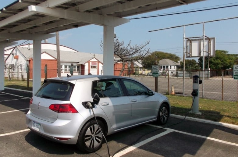 Volkswagen e-Golf charges at solar station on Point Lookout, Long Island