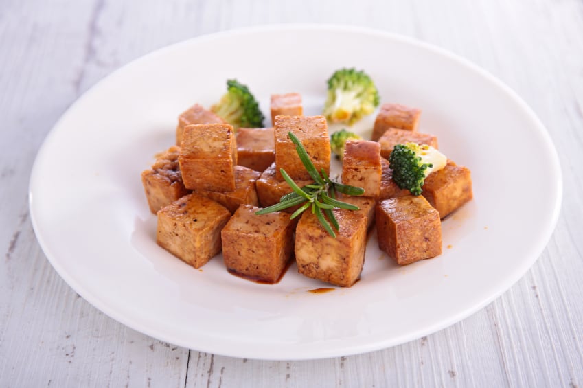 tofu bites on a white plate