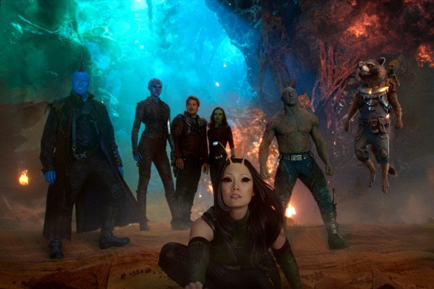Characters from 'Guardians of the Galaxy Vol. 2' grouped together inside a cave. 