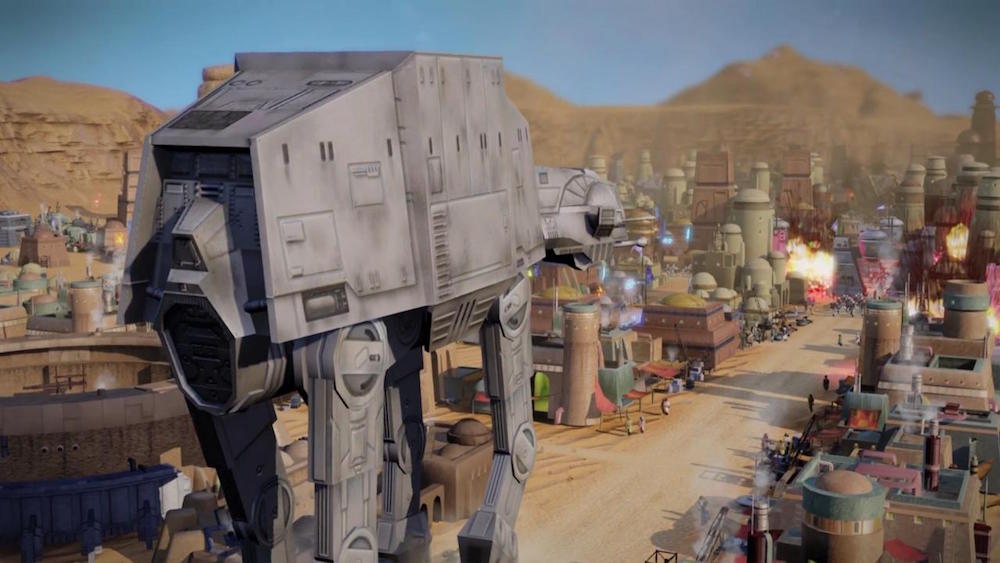 An AT-AT marches through a desert city, fighting the rebel alliance.