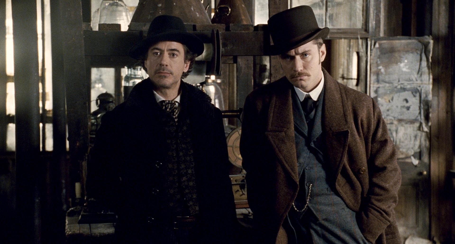 Sherlock Holmes and Watson inside a store. 