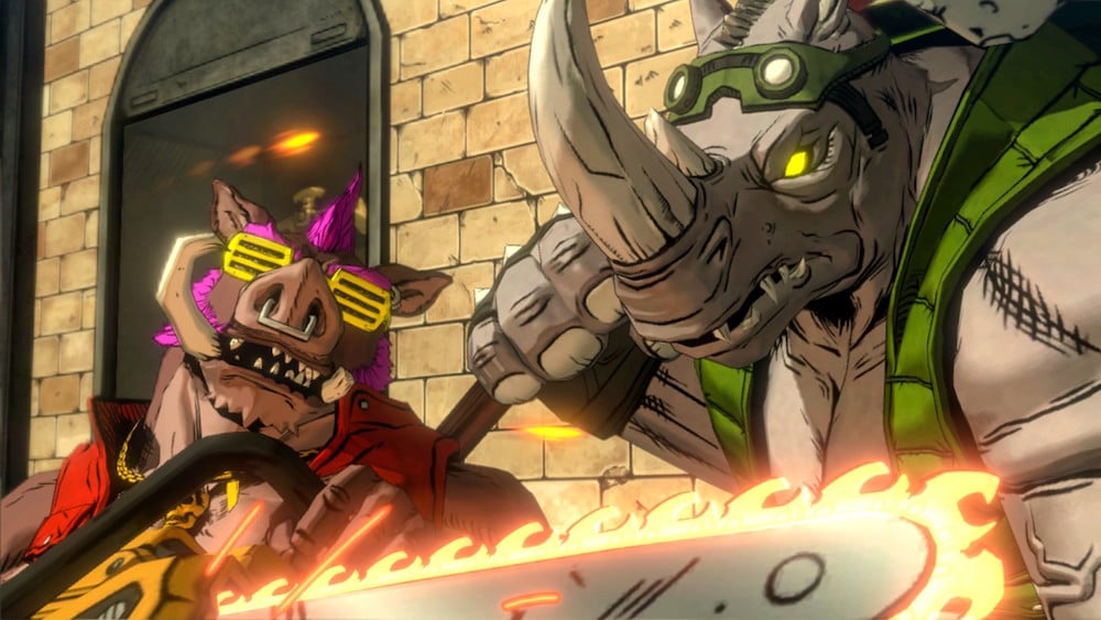 Bebop and Rocksteady prepare to fight the turtles in Mutants in Manhattan