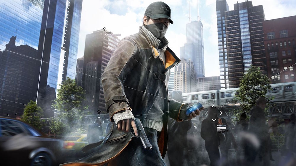 Watch Dogs hero Aiden Pearce holds a gun and a cell phone in downtown Chicago