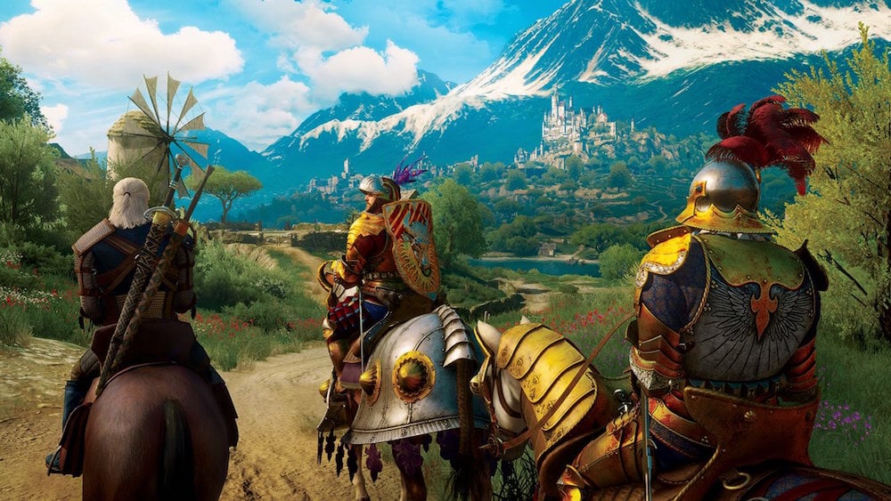 Geralt of Rivia rides a horse on a dirt path in The Witcher 3: Blood and Wine.