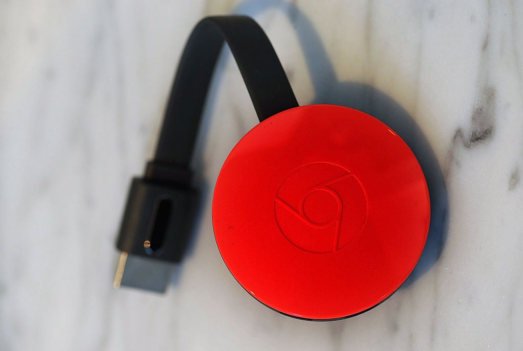 The new Google Chromecast is displayed during a Google media event on September 29, 2015 in San Francisco, California.