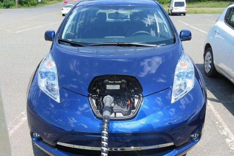 107-mile Nissan Leaf fast charge plug side