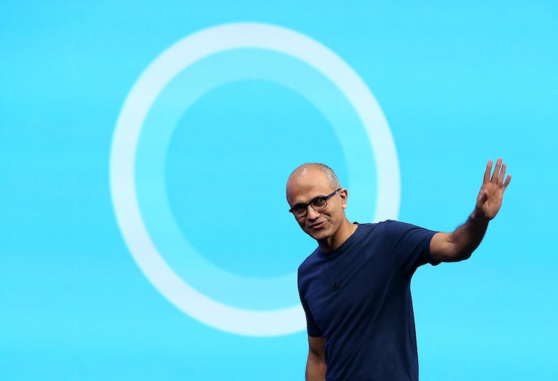 Microsoft CEO Satya Nadella delivers a keynote address during the 2014 Microsoft Build developer conference on April 2, 2014 in San Francisco, California. Satya Nadella delivered the opening keynote to kick off the 2014 Microsoft Build developer conference which runs through April 4.