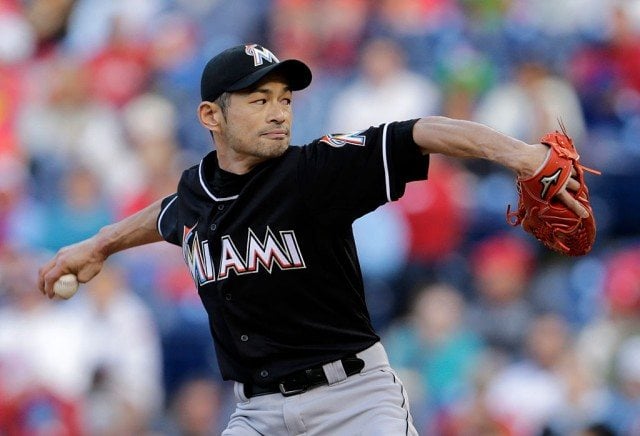 Ichiro Suzuki #51 of the Miami Marlins delivers a pitch during the eighth inning of an MLB game against the Philadelphia Phillies at Citizens Bank Park. Ichiro Suzuki #51 of the Miami Marlins delivers a pitch during the eighth inning of an MLB game against the Philadelphia Phillies at Citizens Bank Park.