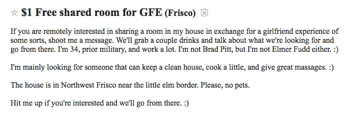 Roommate wanted ad on Craigslist