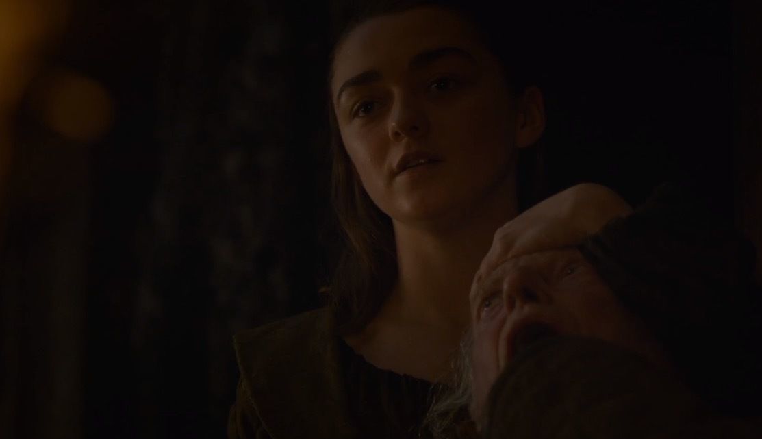 Arya Stark behind Walder Frey, smiling while she slits his throat Arya Stark behind Walder Frey, smiling while she slits his throat