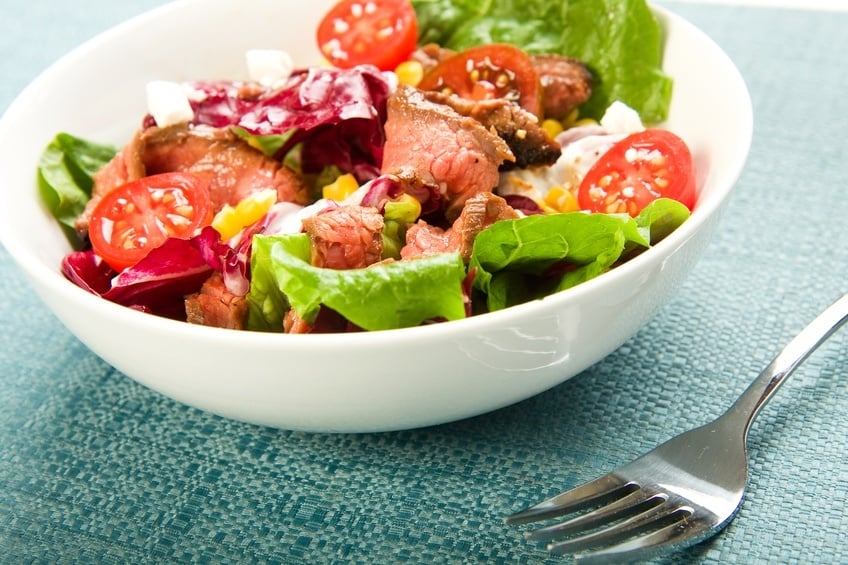 Steak Salad in a white bowl with fork