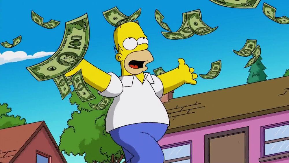 Homer Simpson gleefully tosses money into the air Homer Simpson gleefully tosses money into the air