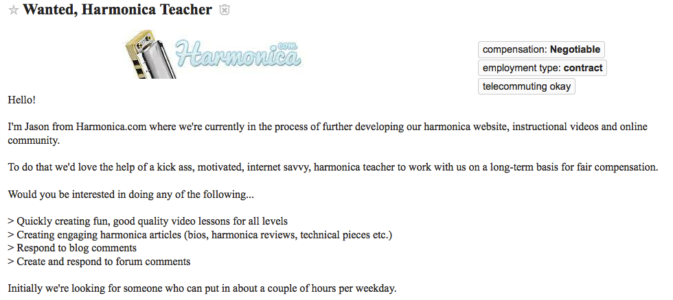 Harmonica teacher want ad from Craigslist Los Angeles 