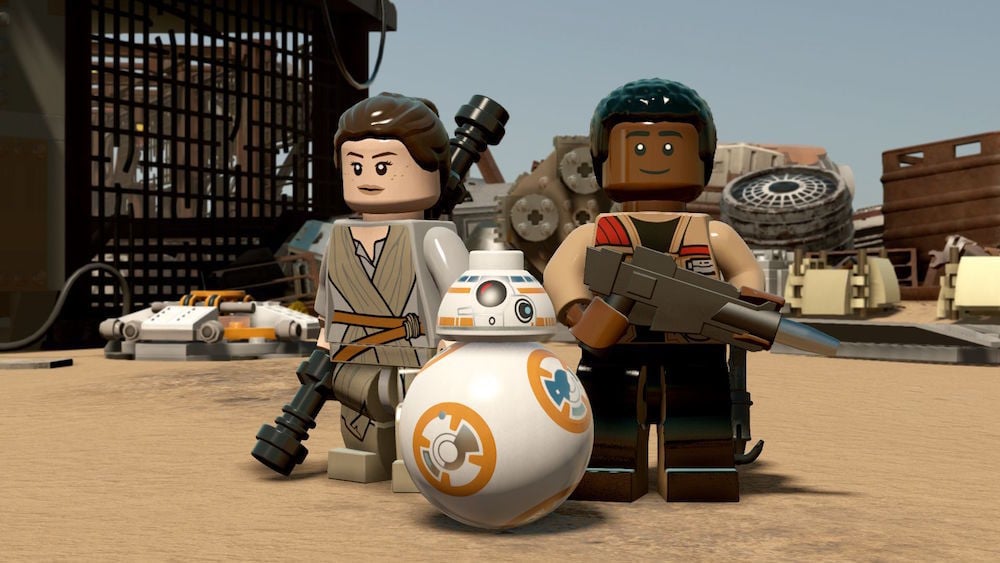 Rey, Finn, and BB8 in Lego Star Wars: The Force Awakens.