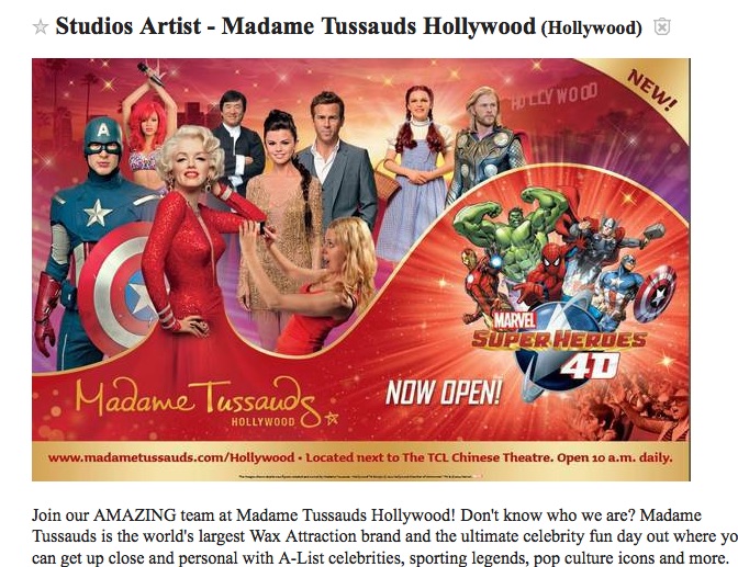 Craigslist Los Angeles ad for Madame Tussauds studio artits 