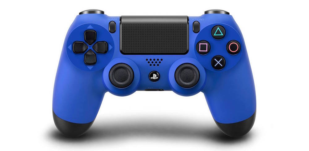 A blue PlayStation 4 controller.