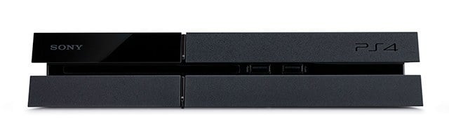 A PlayStation 4 viewed from the front.