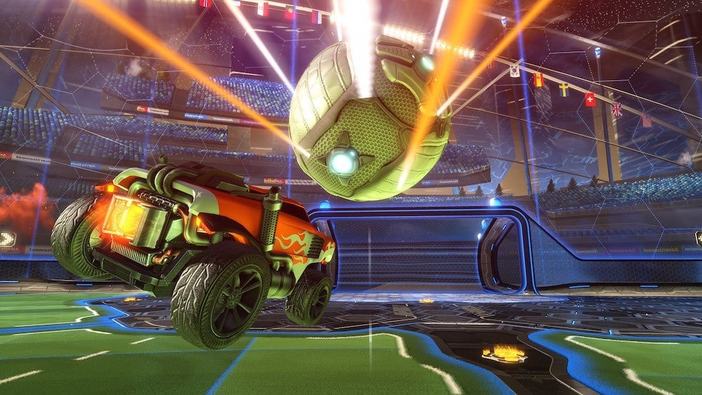 A car bashing into a ball in a futuristic sports league.