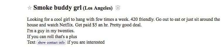 Smoke buddy ad from Craigslist Los Angeles
