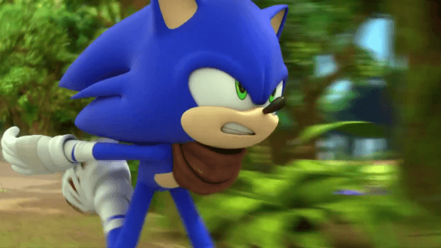 Sonic runs through a forest.