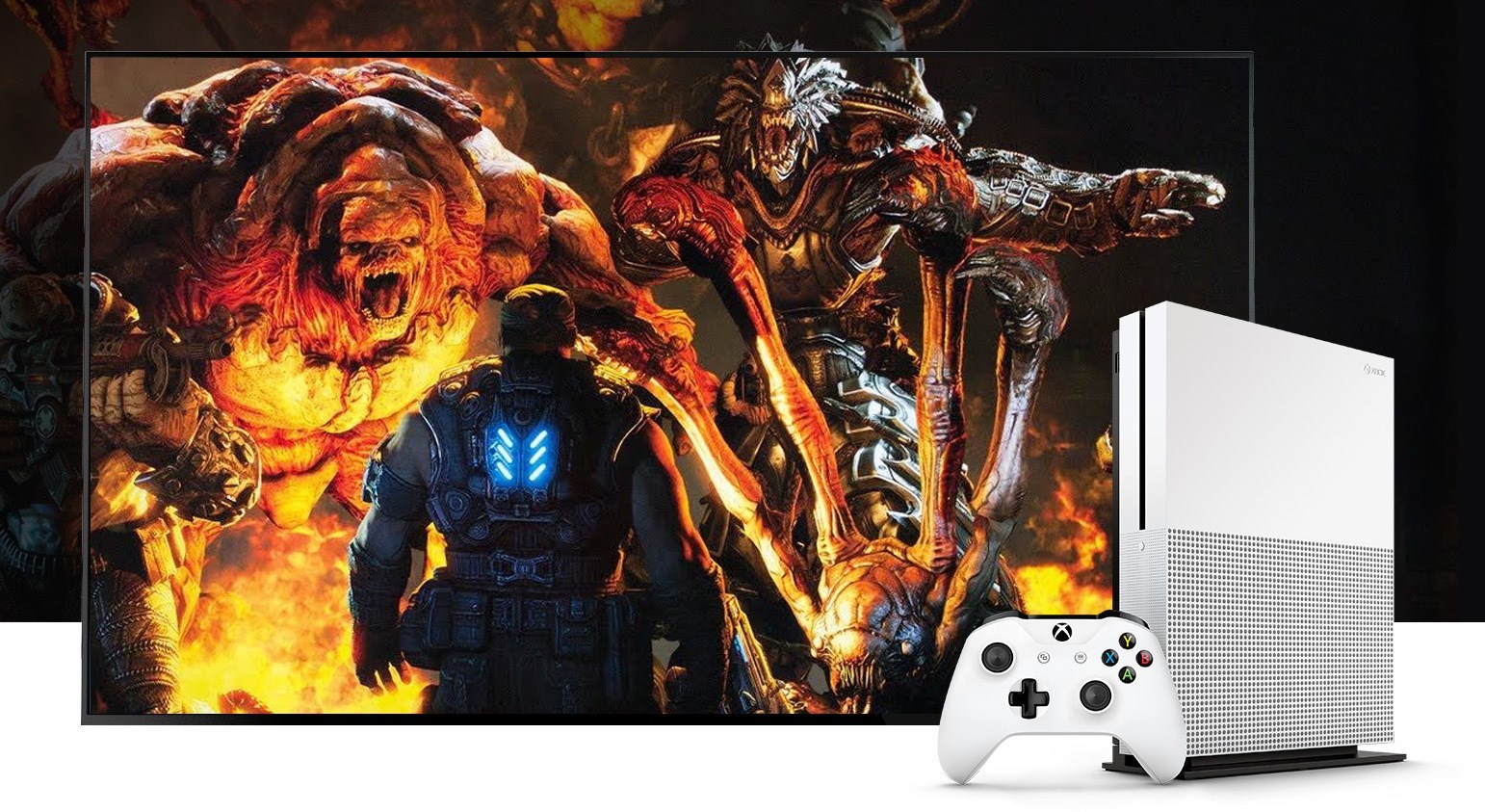 An Xbox One S, with Xbox One exclusive game Gears of War 4.