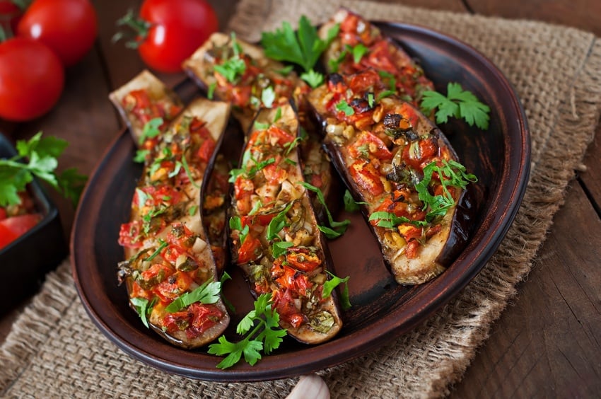 Dish of baked eggplant with tomatoes