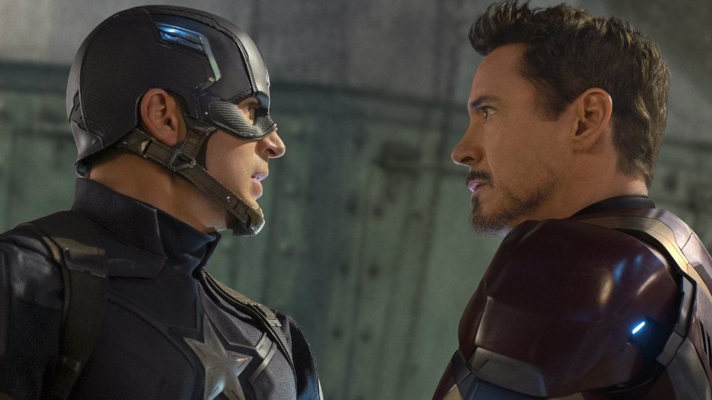Chris Evans and Robert Downey Jr in Captain America Civil War