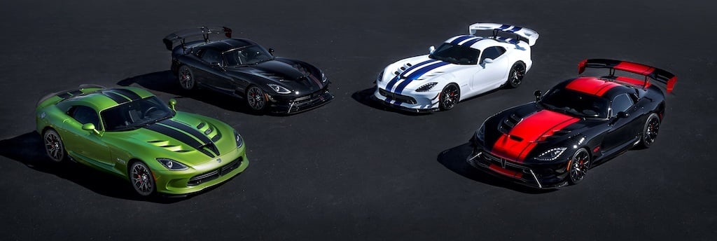 Dodge is celebrating the 25th anniversary and final year of Viper production with five exclusive limited-edition models, four of which are pictured here. (From left, the Viper Snakeskin Edition GTC, inspired by the original 2010 Snakeskin ACR; the Vooodoo II ACR, modeled after the original 2010 Viper VooDoo edition; the Viper GTS-R Commemorative Edition ACR, designed to pay tribute to one of the most distinguishable and iconic Viper paint schemes of all time – the white and blue combination of the 1998 Viper GTS-R GT2 Championship Edition; and the Viper 1:28 ACR, which pays tribute to the current production car single lap record of 1:28.65 set by champion driver Randy Pobst in a 2016 Dodge Viper ACR at historic Laguna Seca Raceway in Monterey, Calif., in October 2015. A fifth Dodge Dealer Edition Viper ACR, not shown, is available through select Dodge dealers.