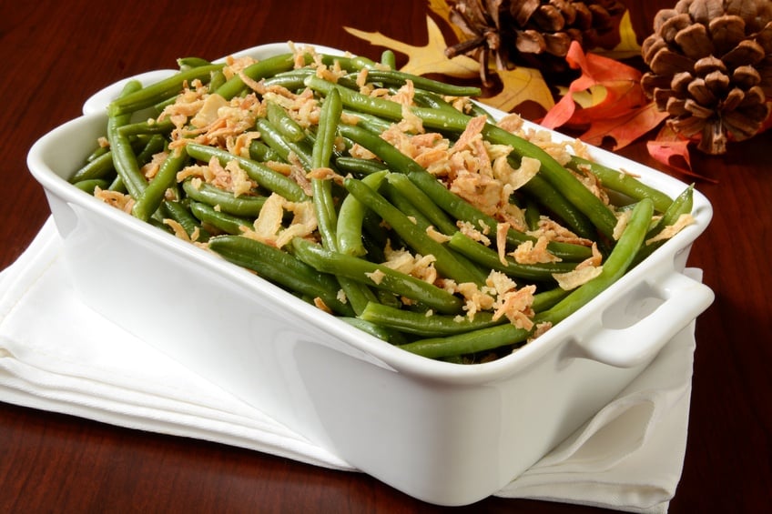 Green bean casserole in a white dish